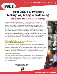 Introduction to Hydronic Testing, Adjusting, & Balancing