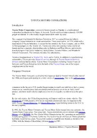 TOYOTA MOTORS COPORATIONS Introduction Company Overview