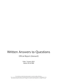 Written Answers to Questions Official Report (Hansard)