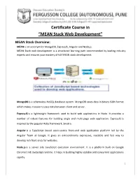 Certificate Course in “MEAN Stack Web Development”