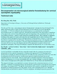 Decompression Via Microsurgical Anterior Foraminotomy for Cervical Spondylotic Myelopathy Technical Note