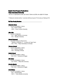 English Track Program Faculty (B.A.) Tokyo International University This List Is in Alphabetical Order (Last Name)