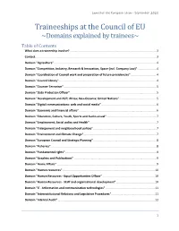 Traineeships at the Council of EU ~Domains Explained by Trainees~ Table of Contents What Does a Traineeship Involve?