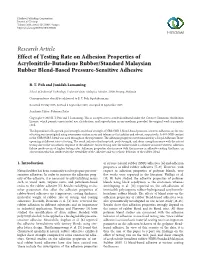Effect of Testing Rate on Adhesion Properties of Acrylonitrile-Butadiene Rubber/Standard Malaysian Rubber Blend-Based Pressure-Sensitive Adhesive