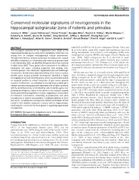 Conserved Molecular Signatures of Neurogenesis in the Hippocampal Subgranular Zone of Rodents and Primates Jeremy A