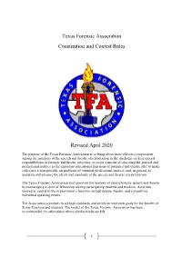 Texas Forensic Association Constitution and Contest Rules Revised April 2020