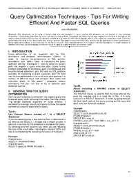 Query Optimization Techniques - Tips for Writing Efficient and Faster SQL Queries