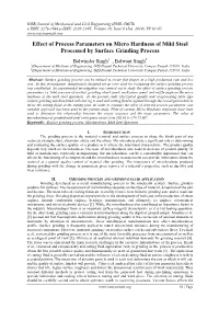 Effect of Process Parameters on Micro Hardness of Mild Steel Processed by Surface Grinding Process
