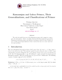 Ramanujan and Labos Primes, Their Generalizations, and Classifications