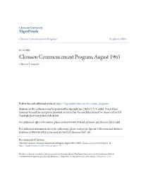 Clemson Commencement Program, August 1965 Clemson University