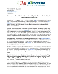 FOR IMMEDIATE RELEASE Nicholas Turton Nturton@Fenton.Com 213-343-5264 Statement from Stop AAPI Hate: Chinese Student Expulsion