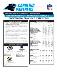 PANTHERS RETURN to DIVISION PLAY AGAINST BUCS CAROLINA Vs