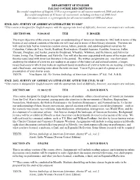 DEPARTMENT of ENGLISH Fall 2015 COURSE DESCRIPTIONS Successful Completion of English 1158 Is a Prerequisite to All Courses Numbered 2000 and Above