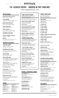 TO-GEAUX MENU - ORDER & PAY ONLINE Order.Pappadeaux.Com
