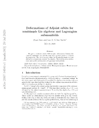 Deformations of Adjoint Orbits for Semisimple Lie Algebras and Lagrangian Submanifolds
