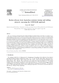 Radon Releases from Australian Uranium Mining and Milling Projects: Assessing the UNSCEAR Approach