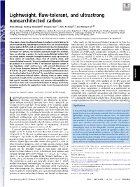 Lightweight, Flaw-Tolerant, and Ultrastrong Nanoarchitected Carbon