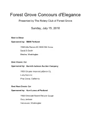 2018 Forest Grove Concours Results