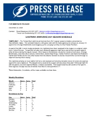 Lightning Announce 2021 Season Schedule