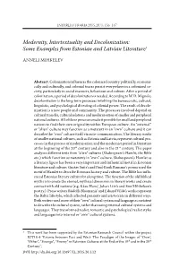 Modernity, Intertextuality and Decolonization: Some Examples from Estonian and Latvian Literature1