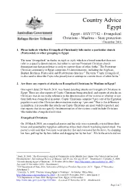 Country Advice Egypt Egypt – EGY37742 – Evangelical Christians – Muslims – State Protection