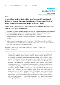 Antioxidant and Antimicrobial Attributes and Phenolics of Different Solvent Extracts from Leaves, Flowers and Bark of Gold Mohar