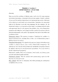 Module 6 : Lecture 1 DIMENSIONAL ANALYSIS (Part – I) Overview