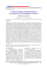 A Critical Analysis of Immanuel Kant's Groundwork of the Metaphysics Of