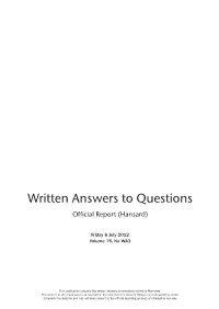 Written Answers to Questions Official Report (Hansard)