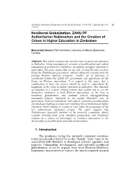 Neoliberal Globalization, ZANU PF Authoritarian Nationalism and the Creation of Crises in Higher Education in Zimbabwe