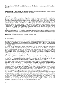 Comparison of ADMS 4 and Lidar in the Prediction of Atmospheric Boundary Layer