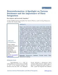 Neuroinformatics: a Spotlight on Various Databases and the Importance of Their Integration Erica Sequeira and Saraswathy Nagendran*
