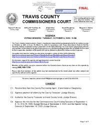 Travis County Commissioners Court Is Meeting by Videoconference/Telephonically for Its Voting Session on October 6, 2020, at 9 Am