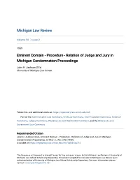 Eminent Domain - Procedure - Relation of Judge and Jury in Michigan Condemnation Proceedings
