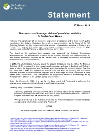 Census and the Future Provision of Population Statistics in England And