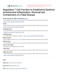 Regulatory T Cell Function in Established Systemic Autoimmune In�Ammation: Reversal and Containment of a Fatal Disease