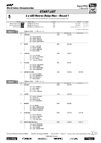 START LIST 4 X 400 Metres Relay Men - Round 1 First 2 in Each Heat (Q) and the Next 2 Fastest (Q) Advance to the Final