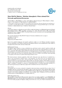 Mars Metnet Mission - Martian Atmospheric Observational Post Network and Payload Precursors