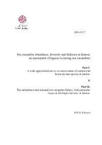 Sea Cucumber Abundance, Diversity and Fisheries in Samoa; an Assessment of Lagoon Occurring Sea Cucumbers