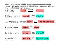 1. Density Mass Volume 3. Avogadro's Number Moles