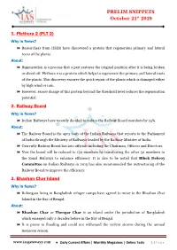 PRELIM SNIPPETS October 21St 2019 1. Plethora 2 (PLT 2) 2. Railway Board 3. Bhashan Char Island