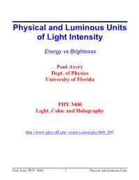 Physical and Luminous Units of Light Intensity