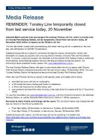 Reminder: Tonsley Line Temporarily Closed from Last Service, Friday, 20