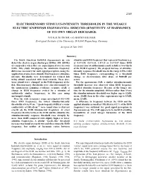 Electrosensory Stimulus-Intensity Thresholds in the Weakly Electric Knifefish Eigenmannia: Reduced Sensitivity at Harmonics of Its Own Organ Discharge