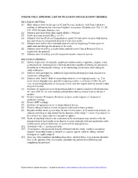 Online-Only Appendix: List of Inclusion and Exclusion Criteria