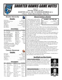 SHORTER HAWKS GAME NOTES Game 6 Saturday, October 12, 2013 SHORTER (0-5) Vs