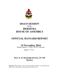 2014/15 Session Bermuda House of Assembly Official