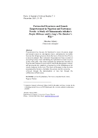 Patriarchal Structures and Female Empowerment in Nigerian and Taiwanese Novels: a Study of Chimamanda Adichie’S Purple Hibiscus and Li Ang’S the Butcher’S Wife*