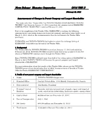 Announcement of Changes in Parent Company and Largest Shareholder