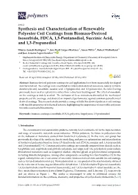 Synthesis and Characterization of Renewable Polyester Coil Coatings from Biomass-Derived Isosorbide, FDCA, 1,5-Pentanediol, Succinic Acid, and 1,3-Propanediol